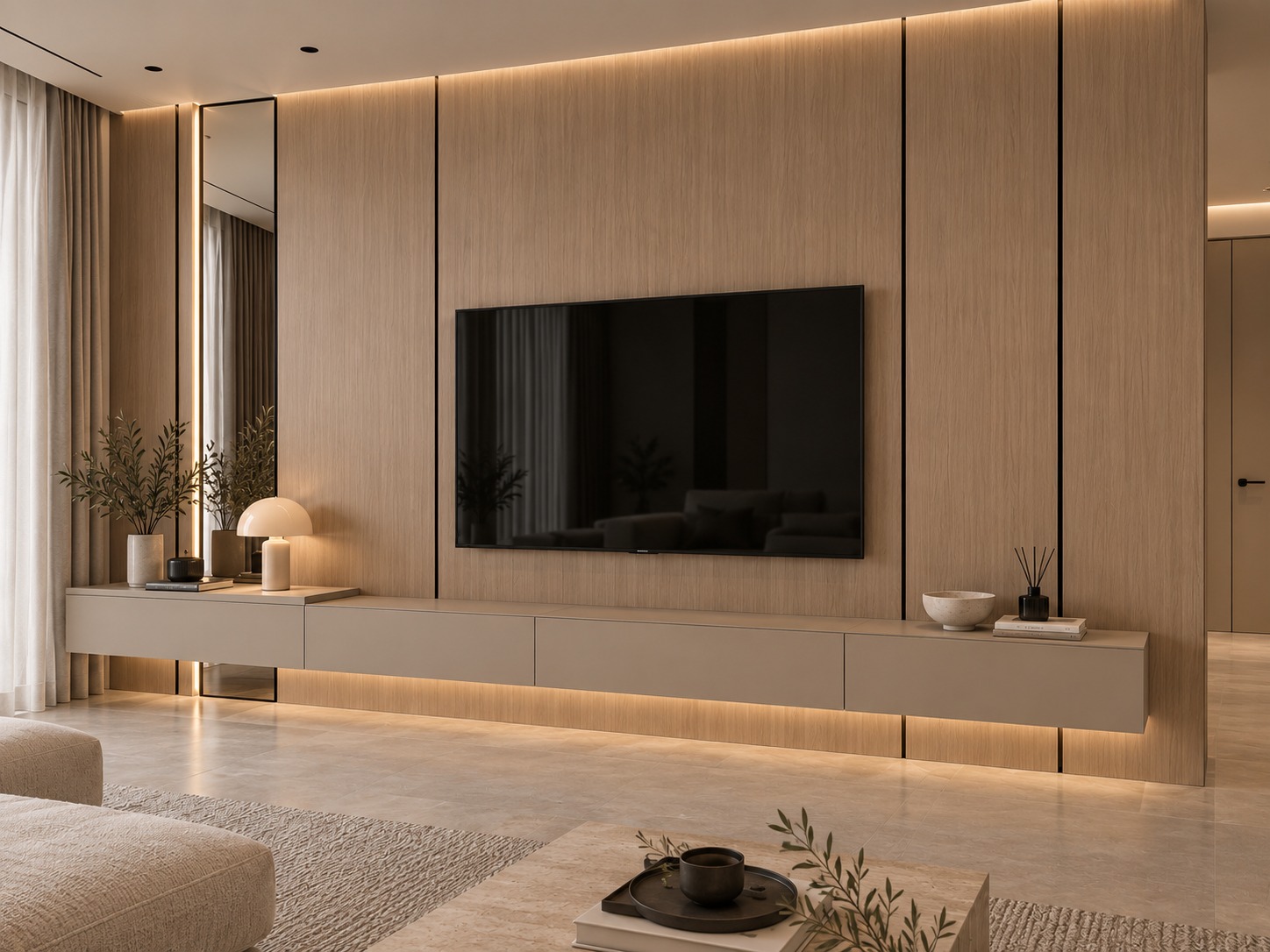 Design visualization of a living room with warm wood wall panels